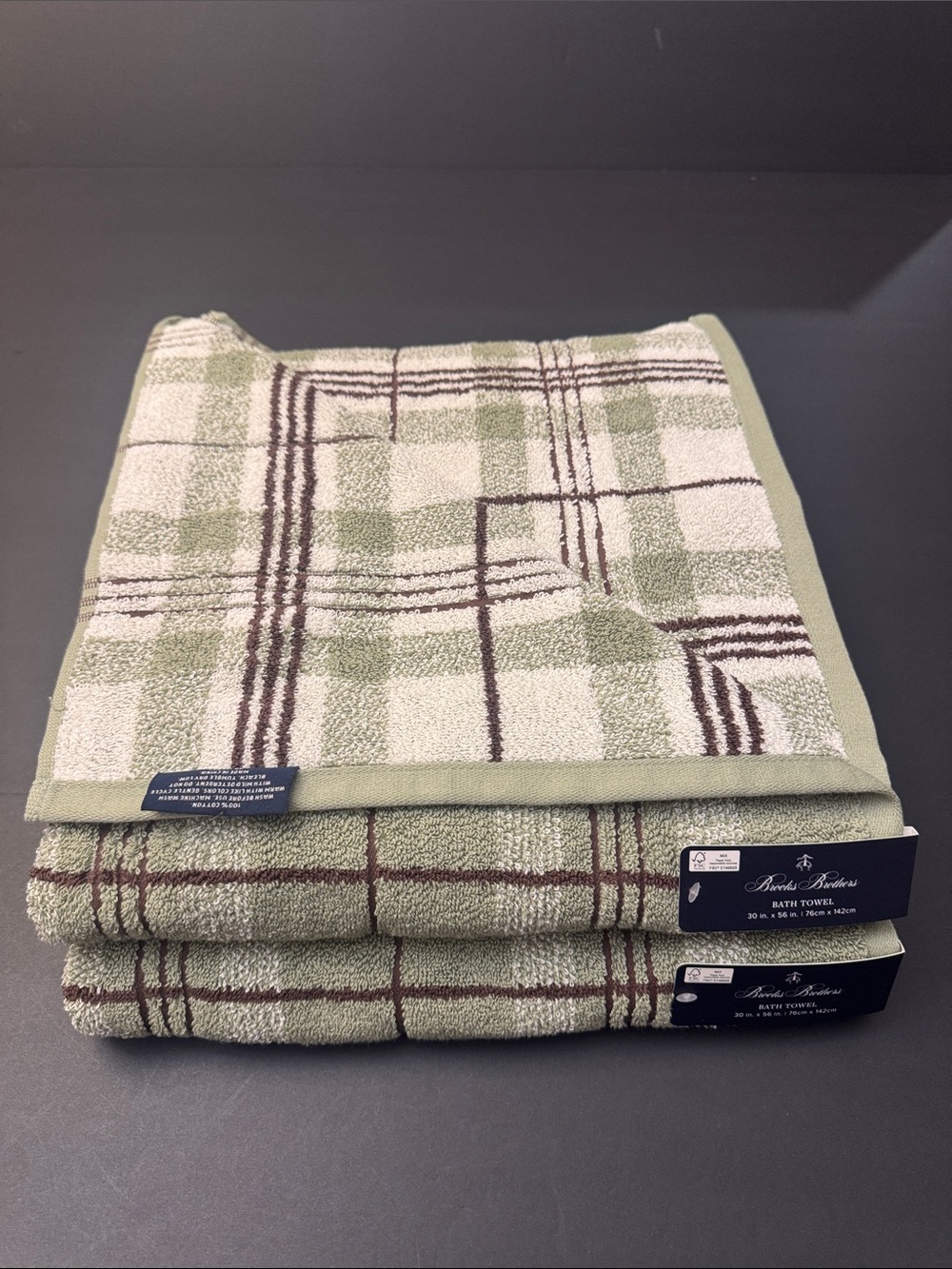 8pc BROOKS BROTHERS 100% Cotton Plaid Bath Towel Set - Sydney Plaid - Sage/Brown - Picture 4 of 13